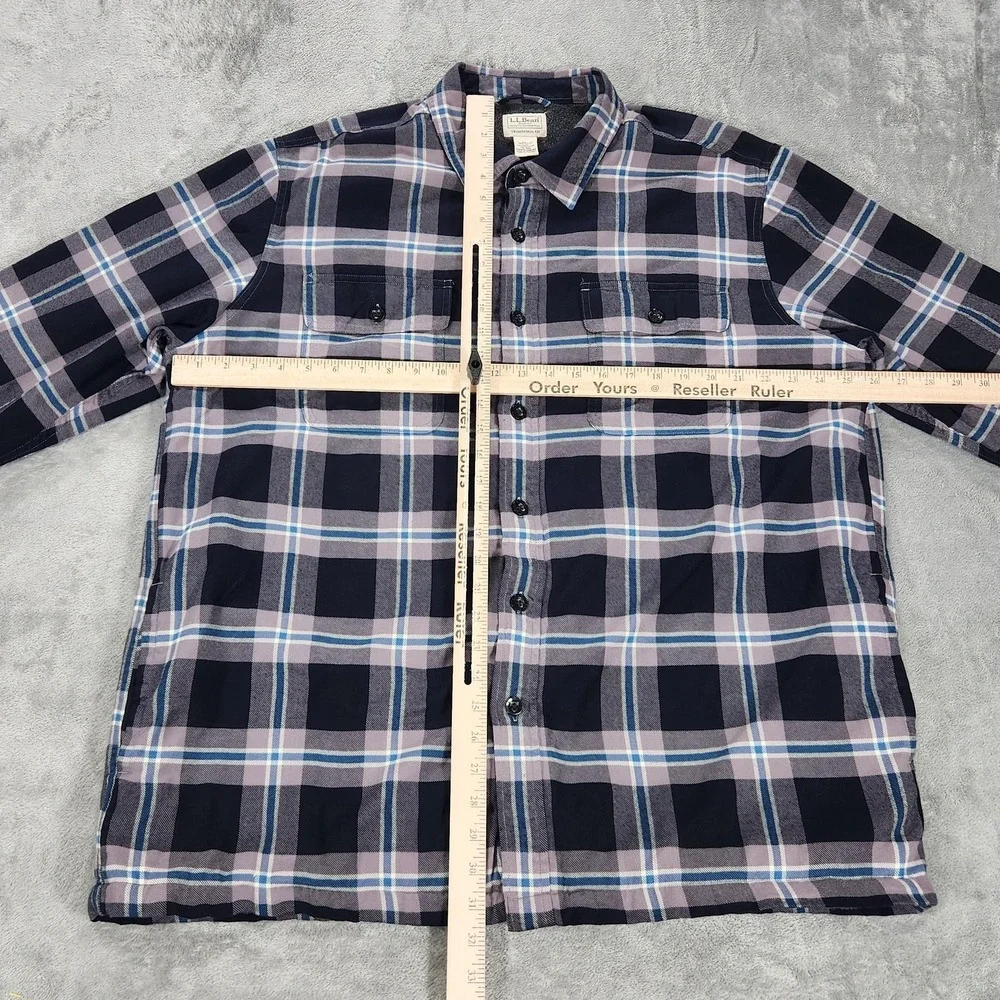 LL Bean Shirt Jacket Mens XL Blue Plaid Fleece Lined Flannel Traditional Fit